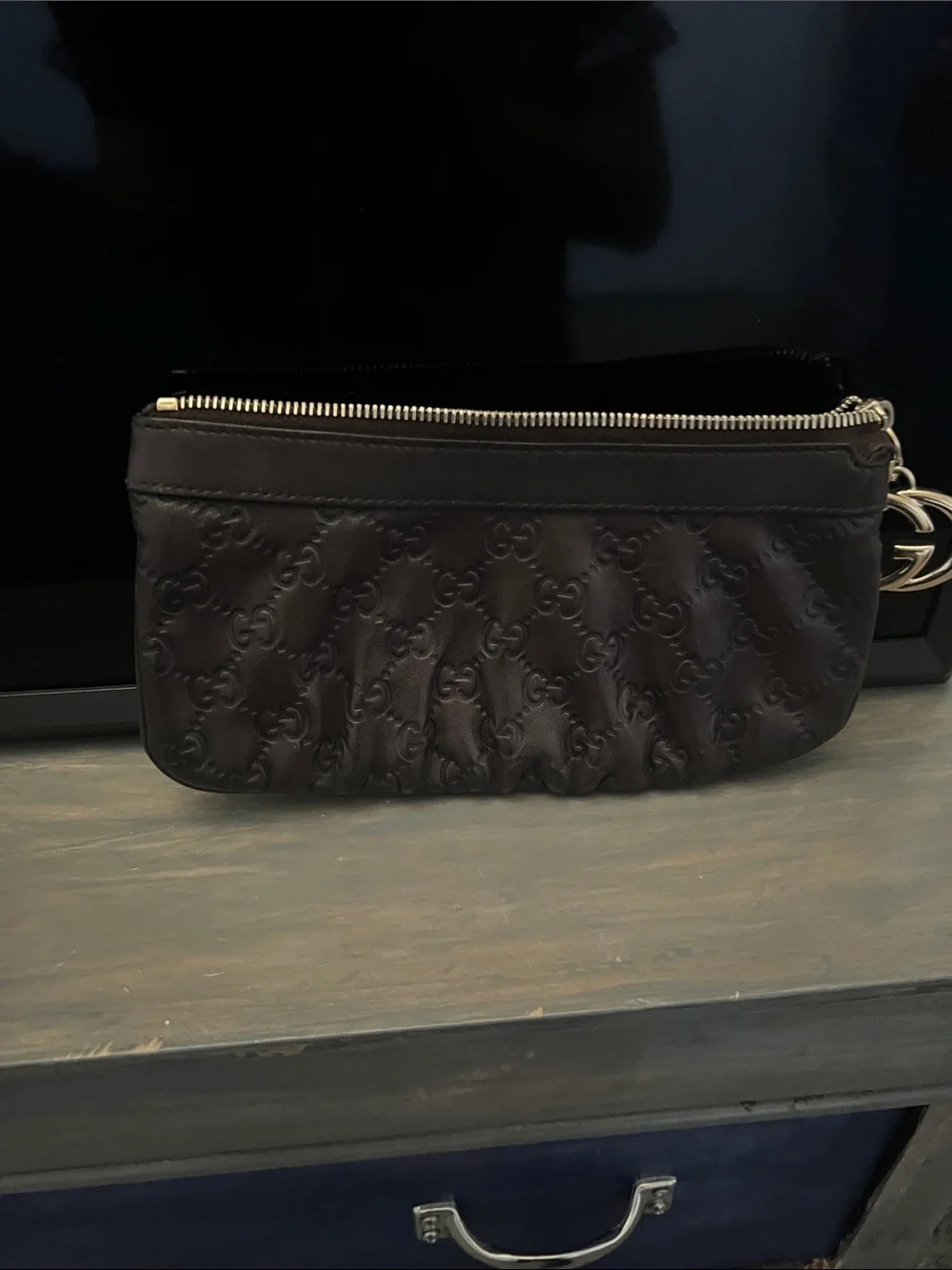 Gucci Brown GG Embossed Leather Wristlet with Gold-Tone Accent